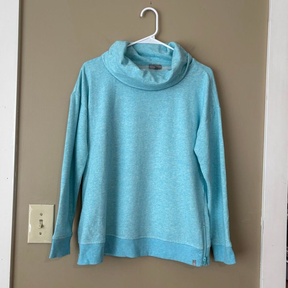 T by Talbots Featherweight Fleece Cowl Neck Pullover Teal Blue Petite Medium